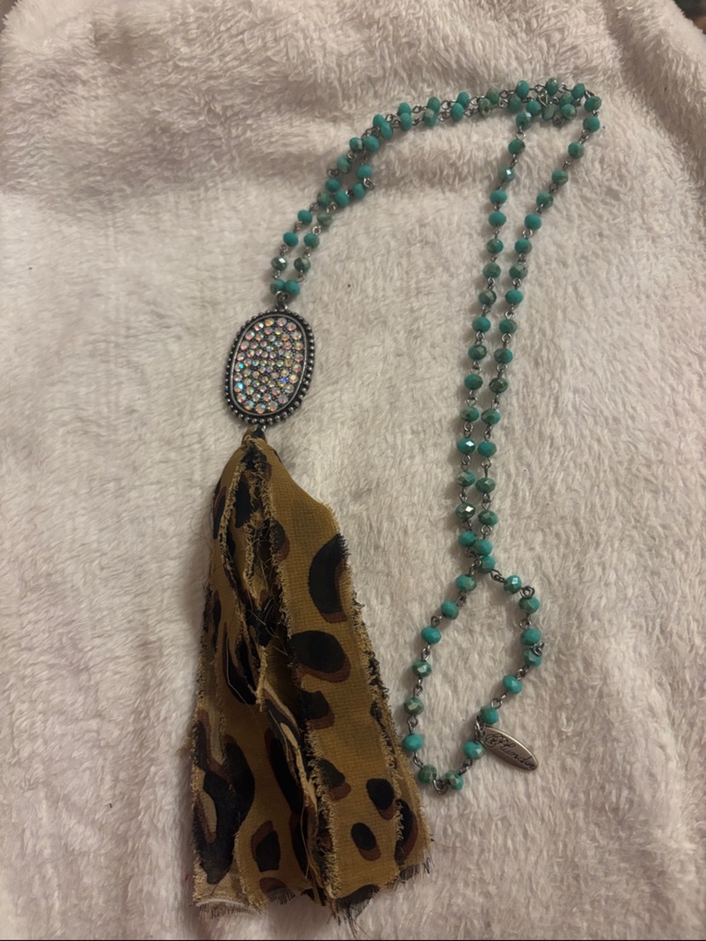 Plunder Turquoise Beaded Necklace with Crystal Oval and Leopard-Print Tassel